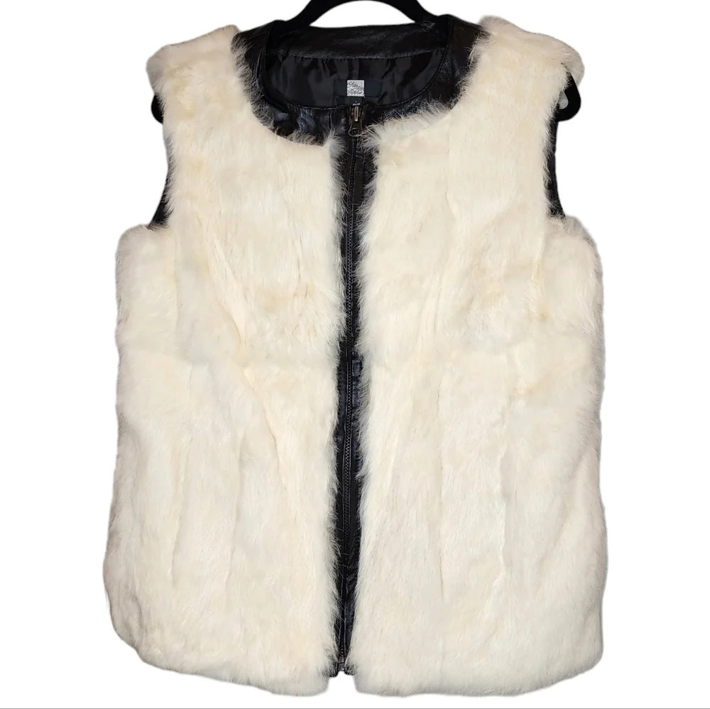 Rabbit Fur & Leather Zip Vest Saks‎ Fifth Avenue  Women's Size Large Pockets